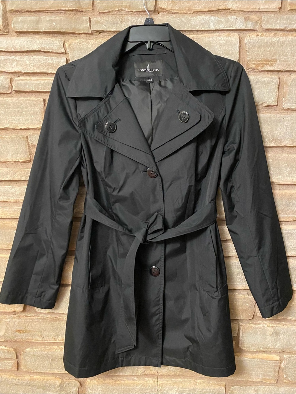 London Fog Black Single -Breasted Trench Coat with Tie Belt Size L
